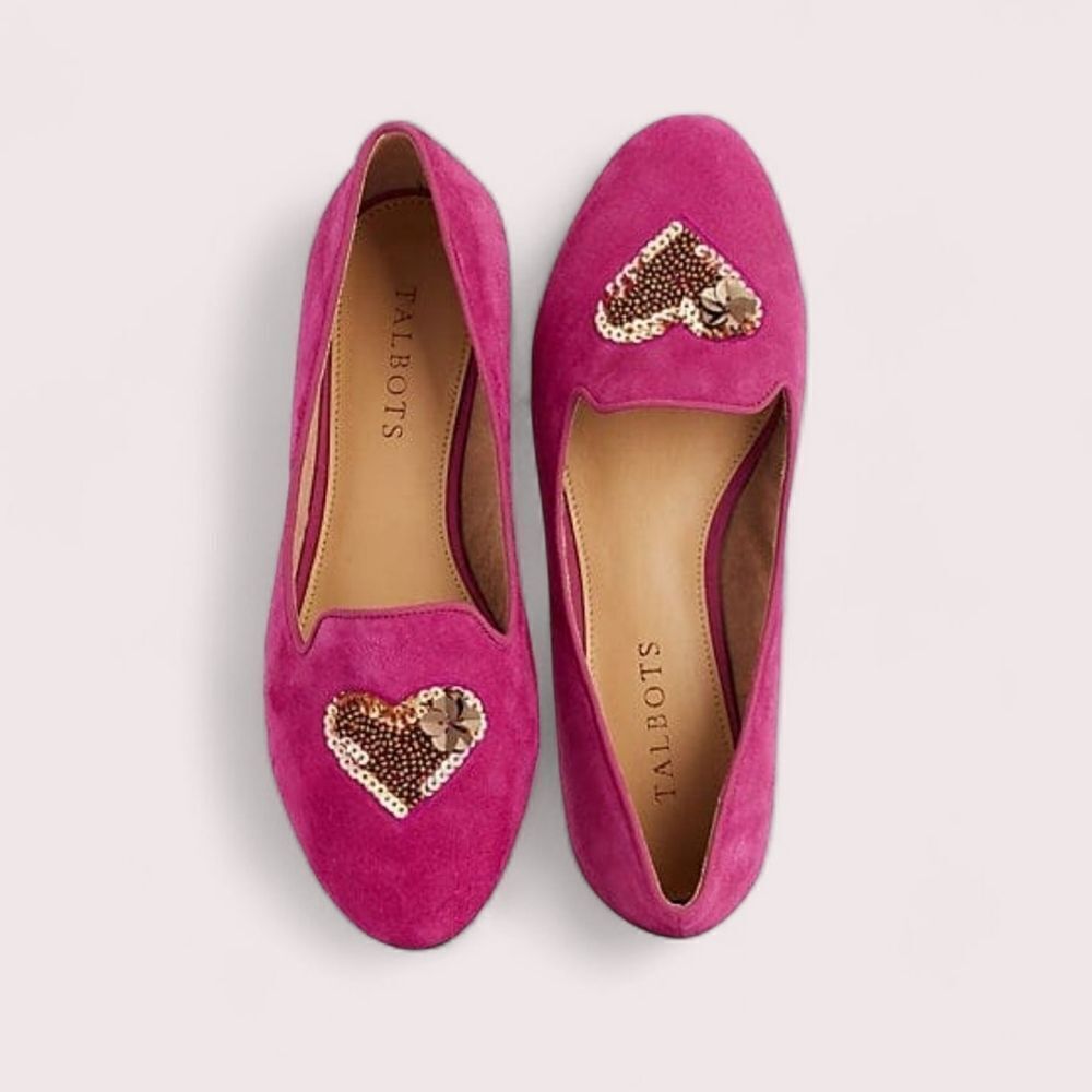 Talbots Ryan Raspberry Novelty Pink Suede Flats with Gold Sequin Heart Detail